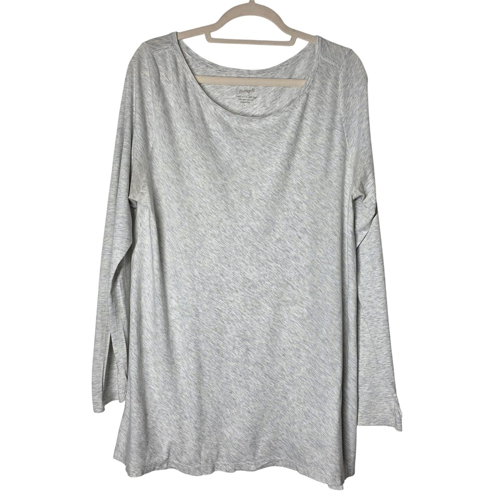 Pure Jill A-Line Tee L Gray Pima Cotton Long Sleeve Tunic Top Heathered